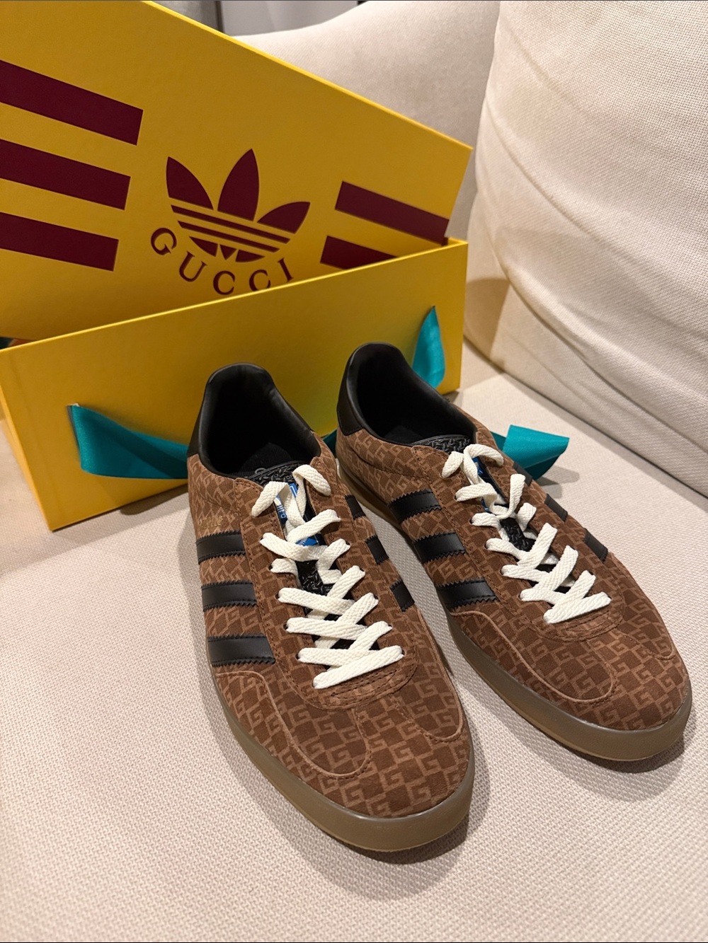 Gucci Adidas Brown Monogram Low-Top Sneakers with Black Stripes